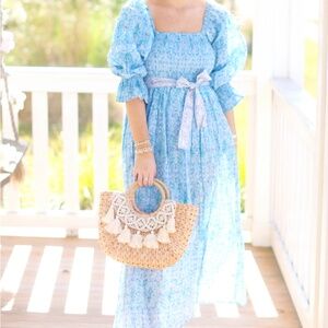 Blue Floral Puff-Sleeve Maxi Dress with Waist Tie